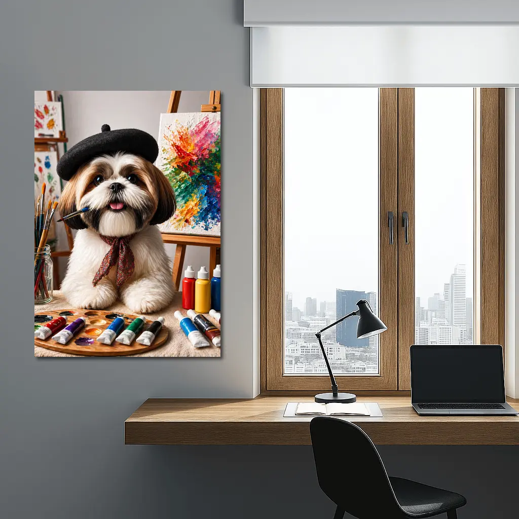 Shih Tzu Artist Painting Colorful Canvas Studio – Wall Art