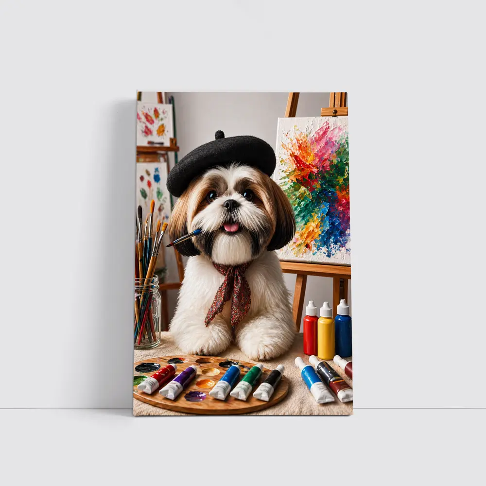 Shih Tzu Artist Painting Colorful Canvas Studio – Wall Art