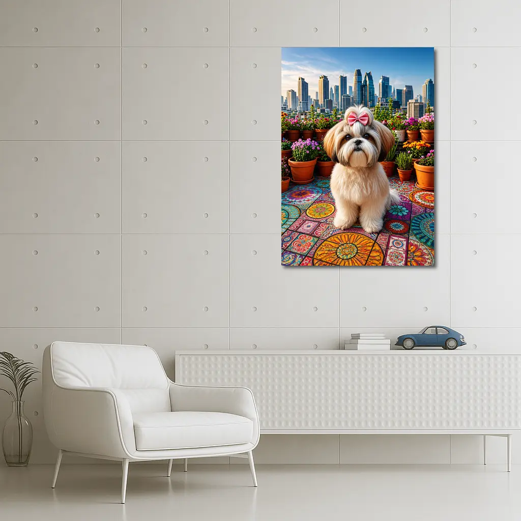 Shih Tzu Dog Rooftop City Skyline Flowers – Wall Art