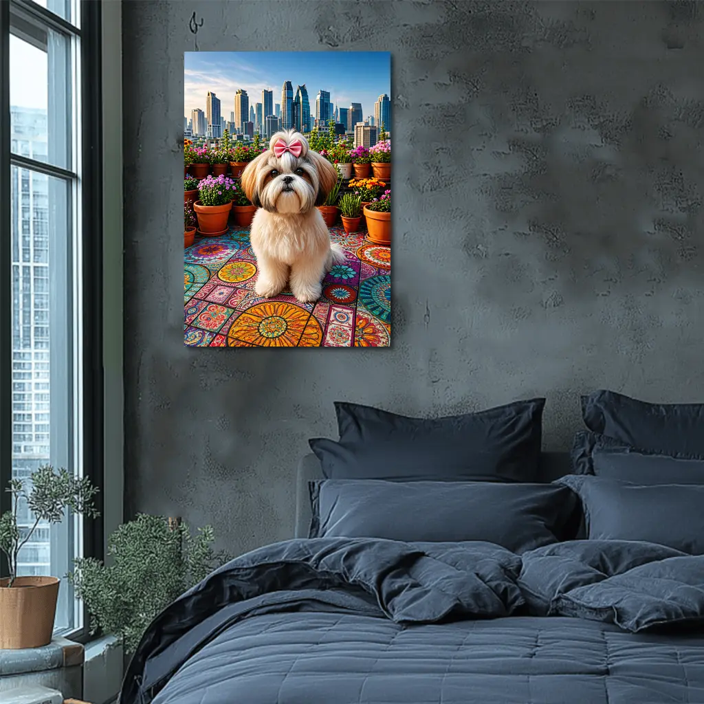 Shih Tzu Dog Rooftop City Skyline Flowers – Wall Art