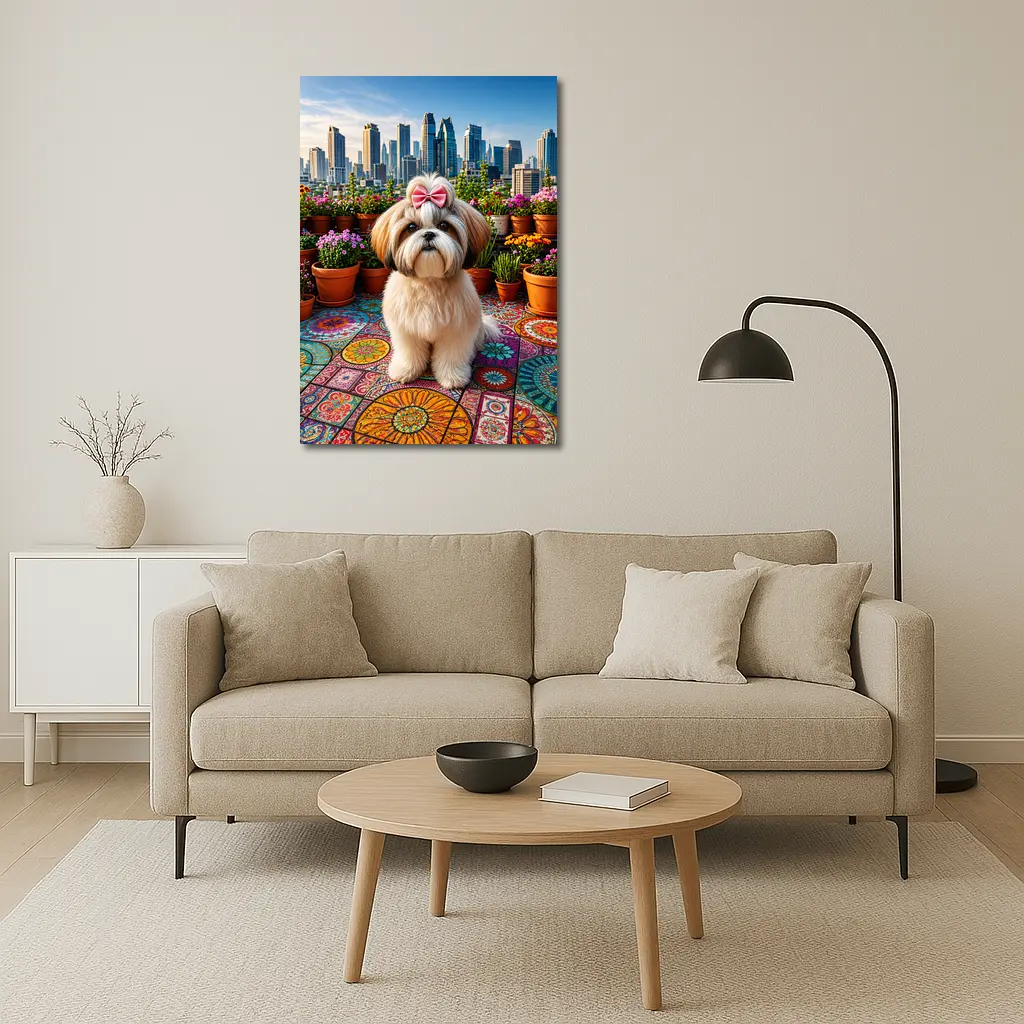 Shih Tzu Dog Rooftop City Skyline Flowers – Wall Art