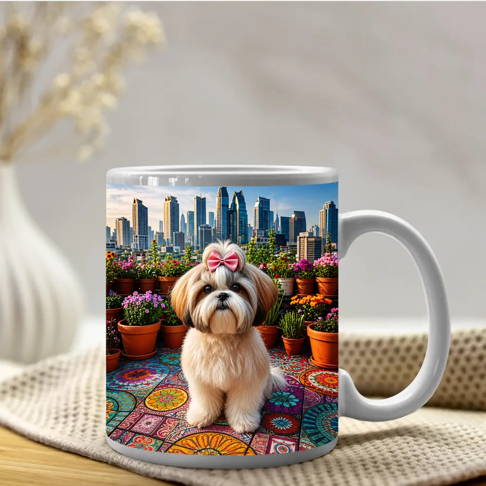 Shih Tzu Dog Rooftop City Skyline Flowers – Mugs
