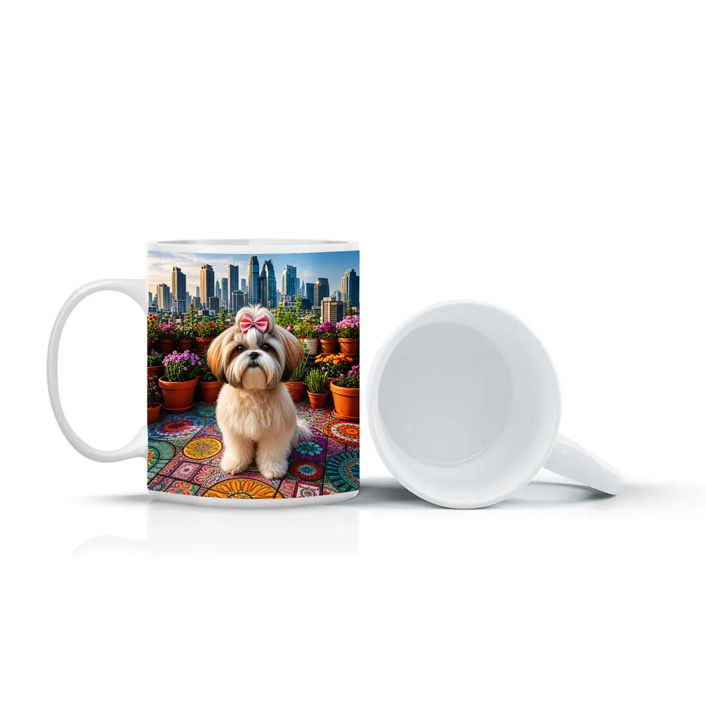 Shih Tzu Dog Rooftop City Skyline Flowers – Mugs