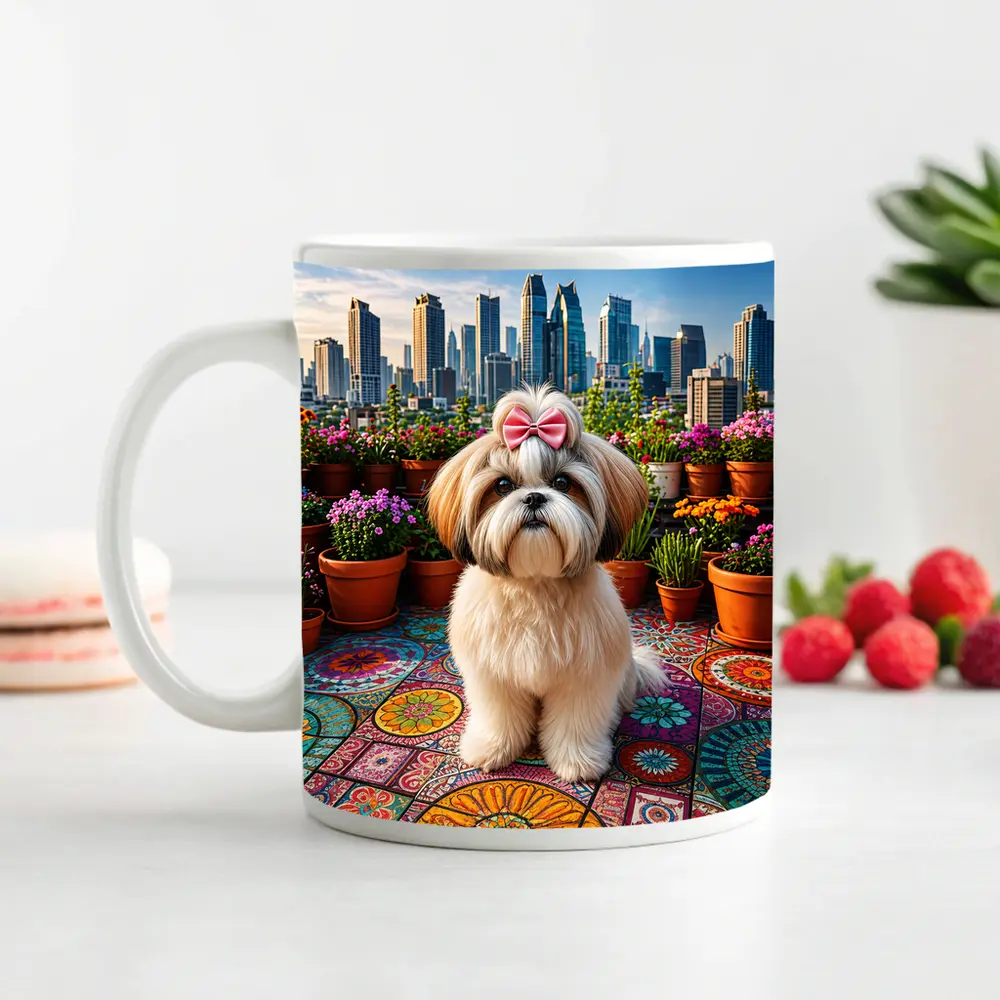Shih Tzu Dog Rooftop City Skyline Flowers – Mugs
