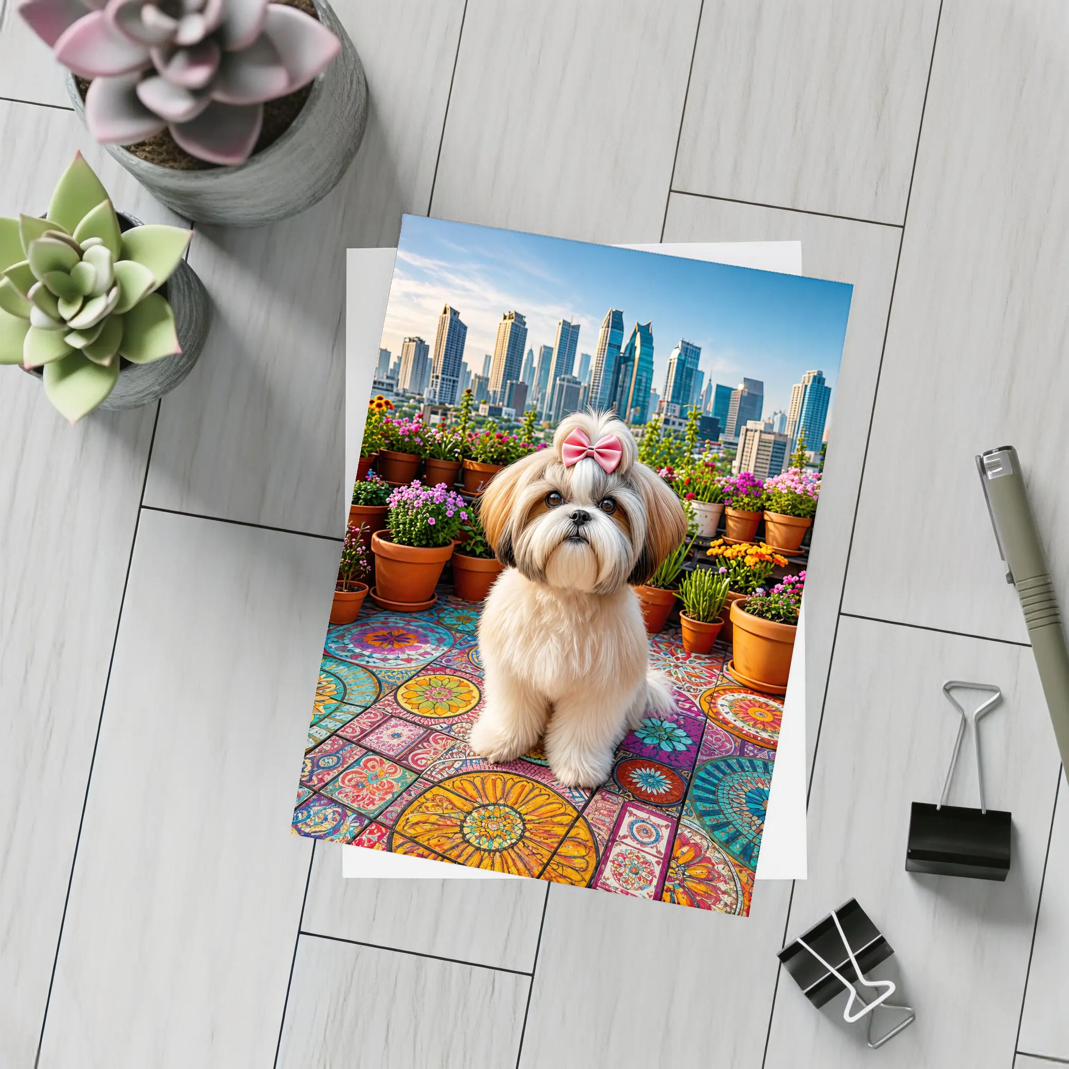 Shih Tzu Dog Rooftop City Skyline Flowers – Postcards