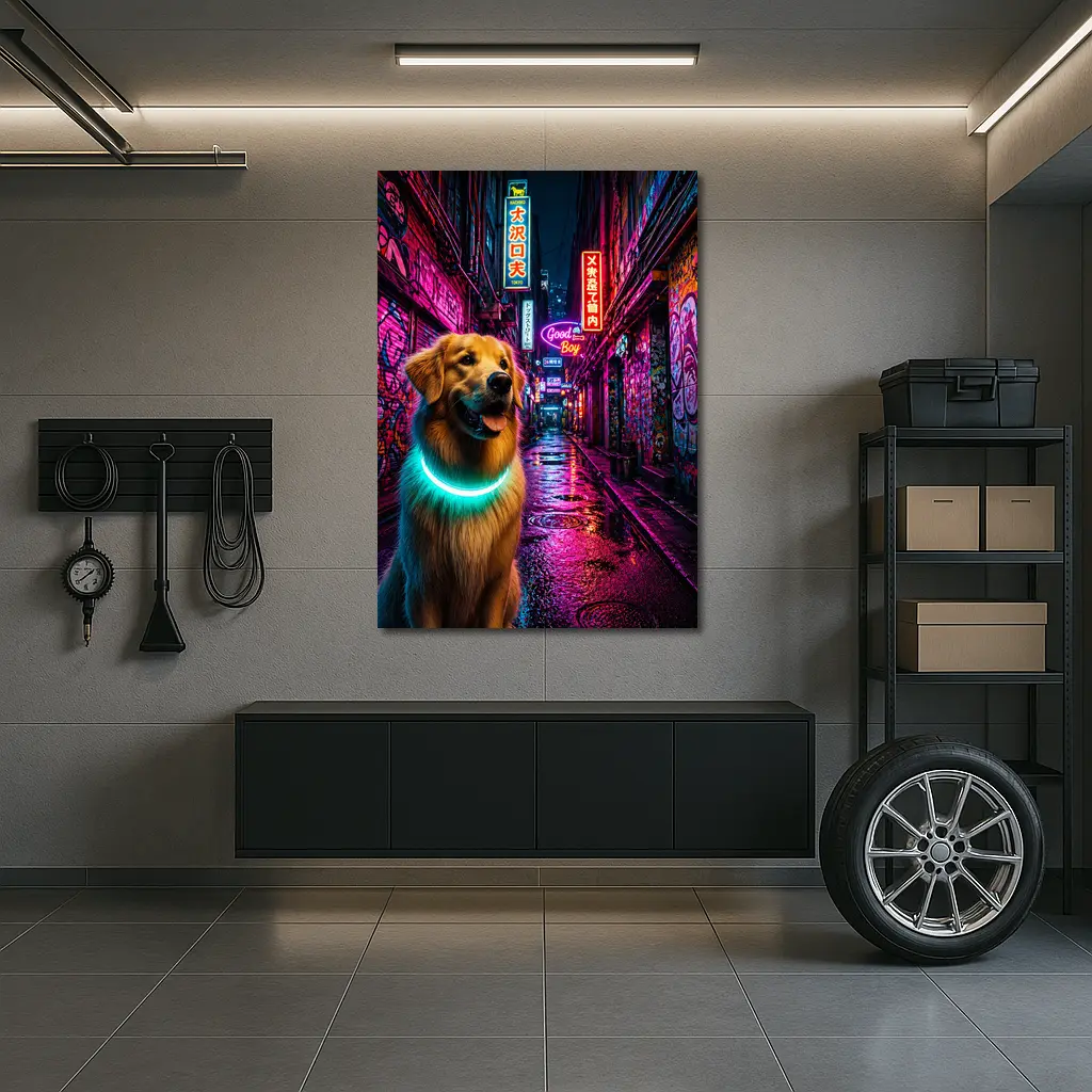 Golden Retriever Glowing Collar Neon City Alley – Wall Art