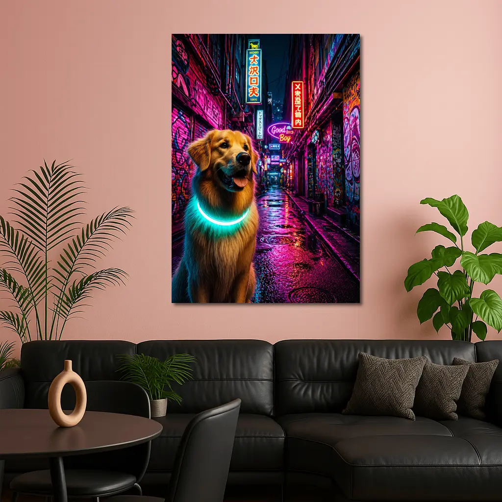 Golden Retriever Glowing Collar Neon City Alley – Wall Art