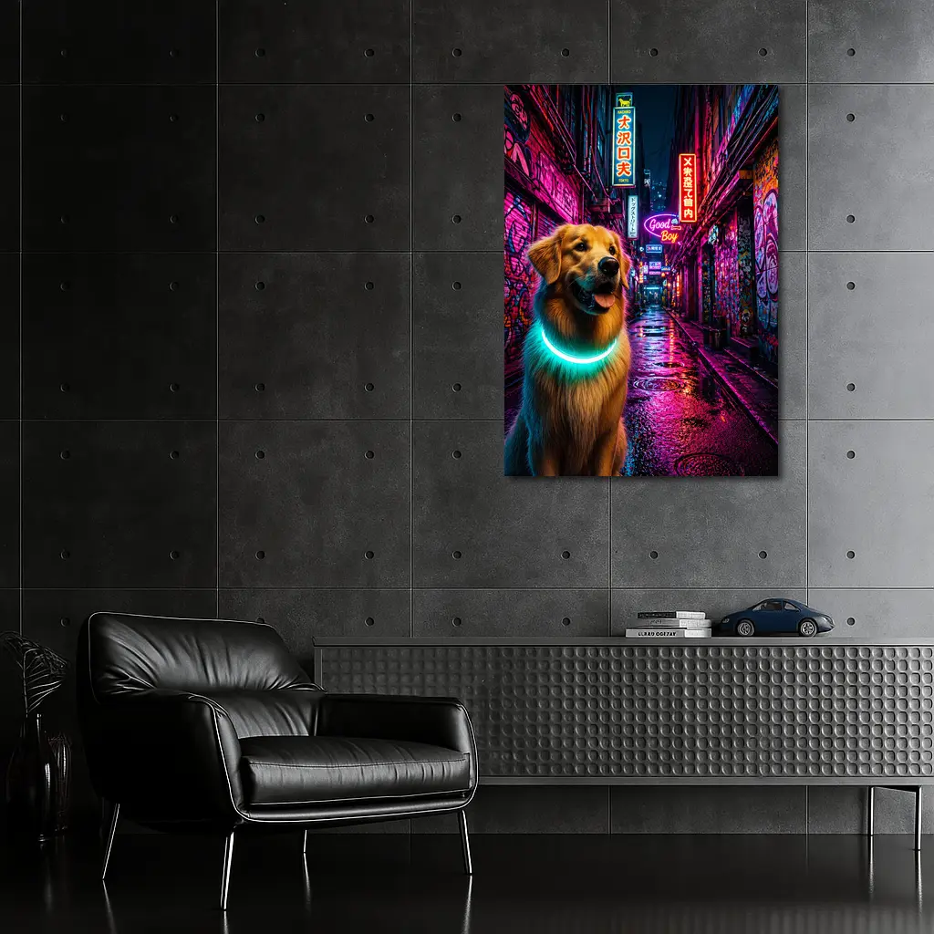 Golden Retriever Glowing Collar Neon City Alley – Wall Art