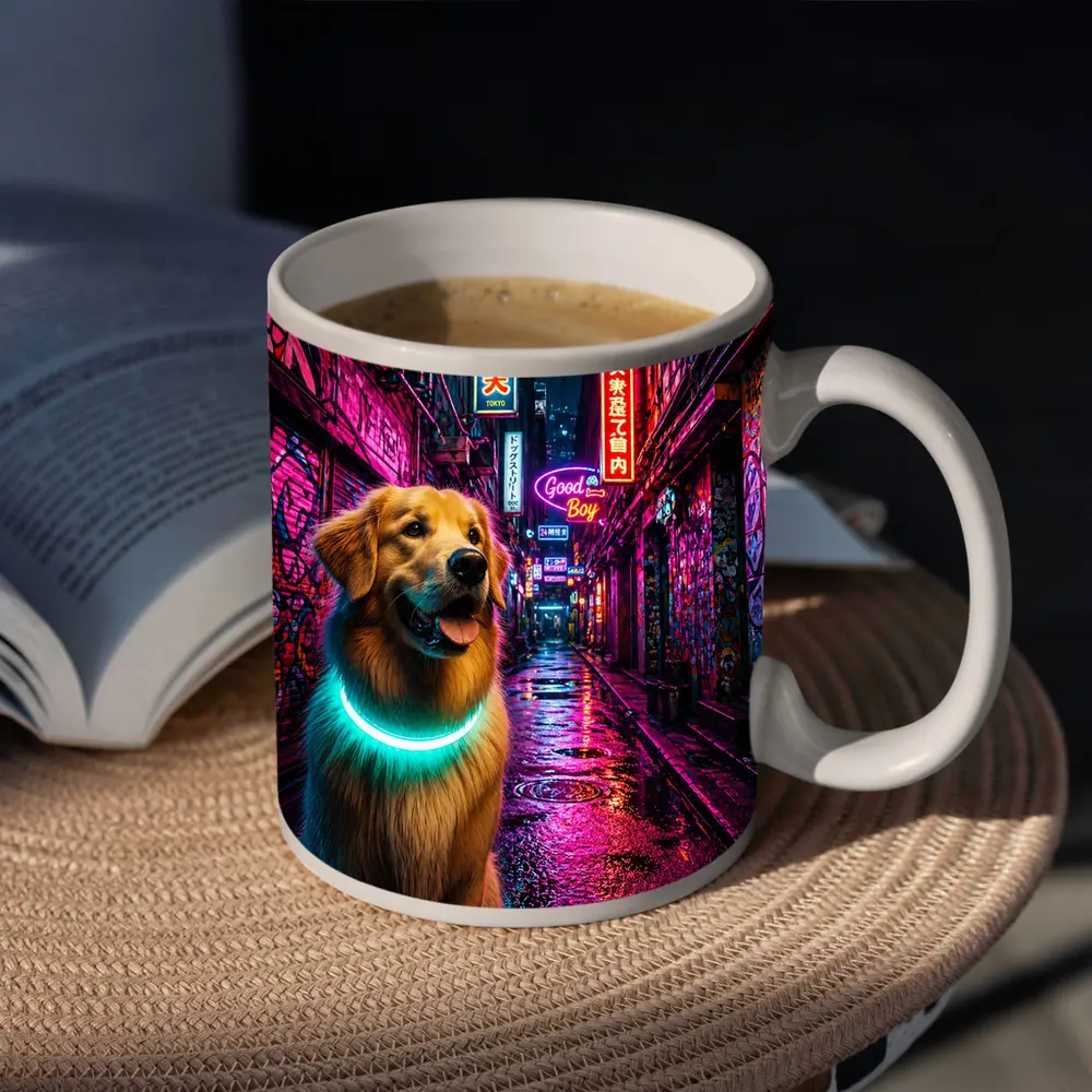 Golden Retriever Glowing Collar Neon City Alley – Mugs