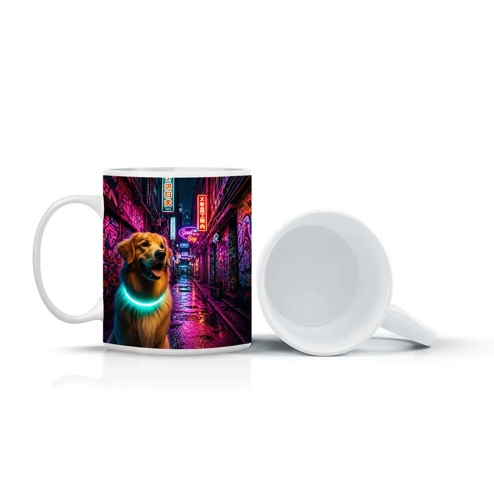 Golden Retriever Glowing Collar Neon City Alley – Mugs