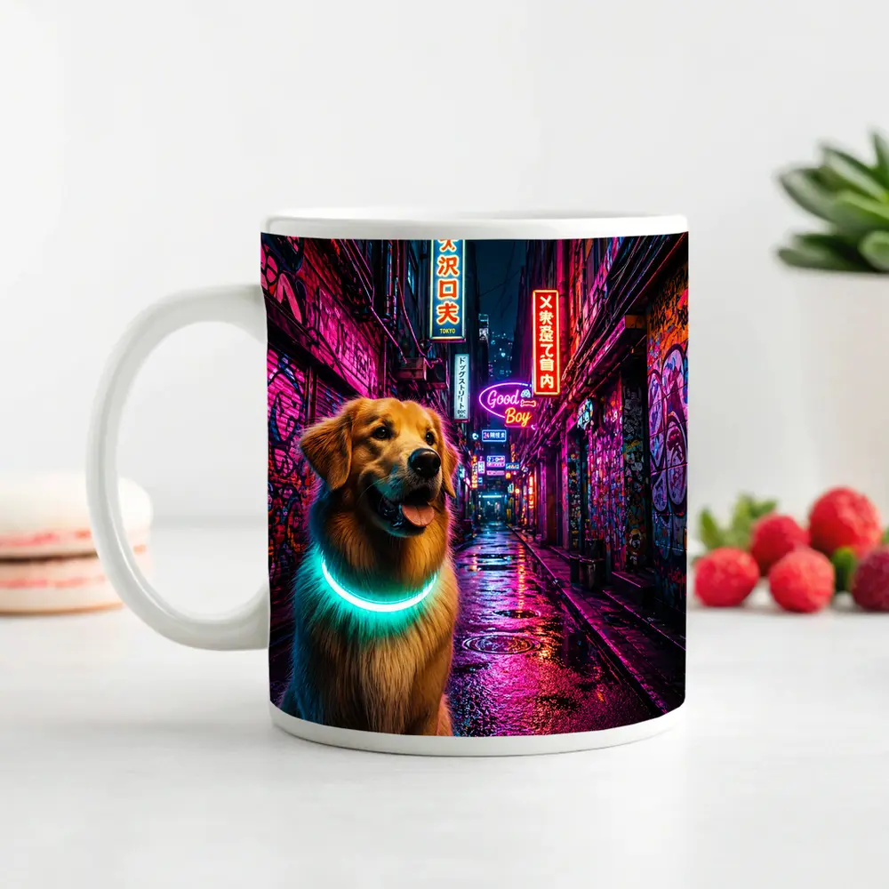 Golden Retriever Glowing Collar Neon City Alley – Mugs
