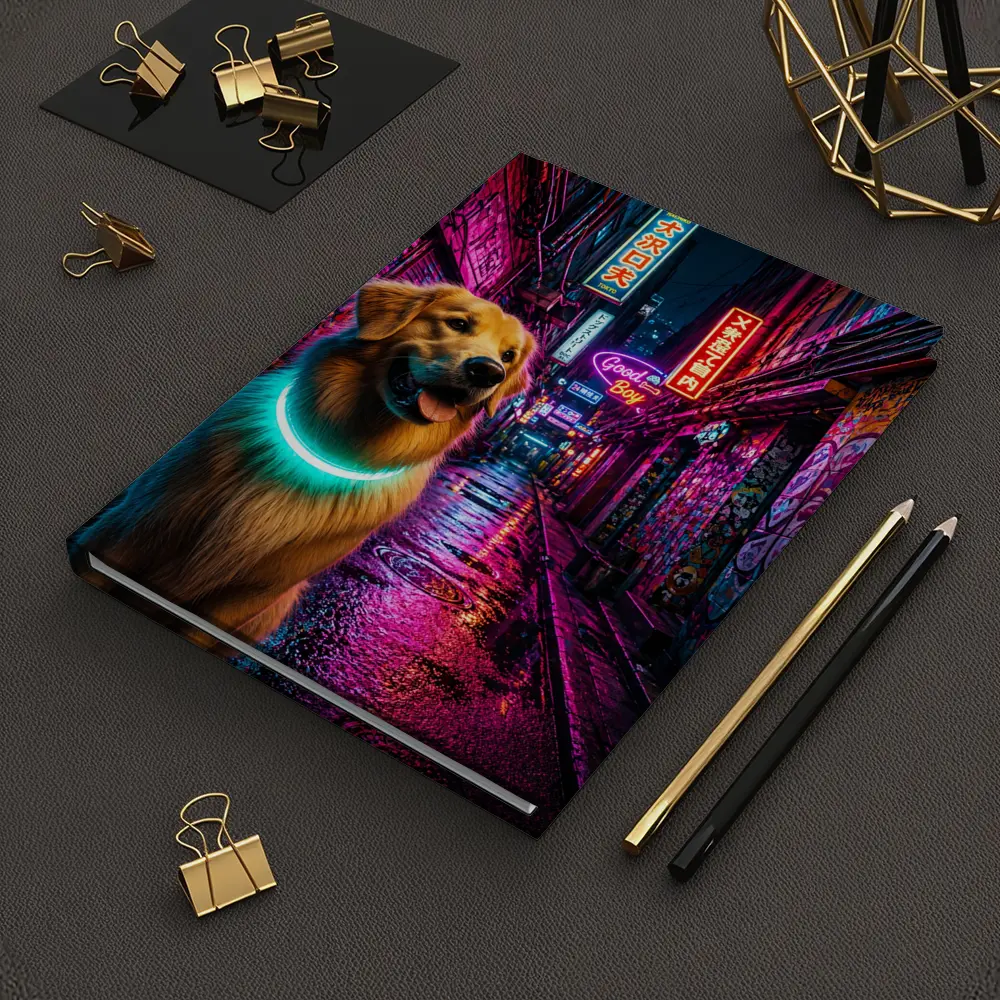 Golden Retriever Glowing Collar Neon City Alley – Notebooks