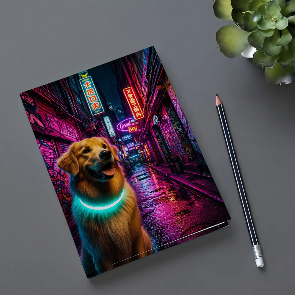 Golden Retriever Glowing Collar Neon City Alley – Notebooks