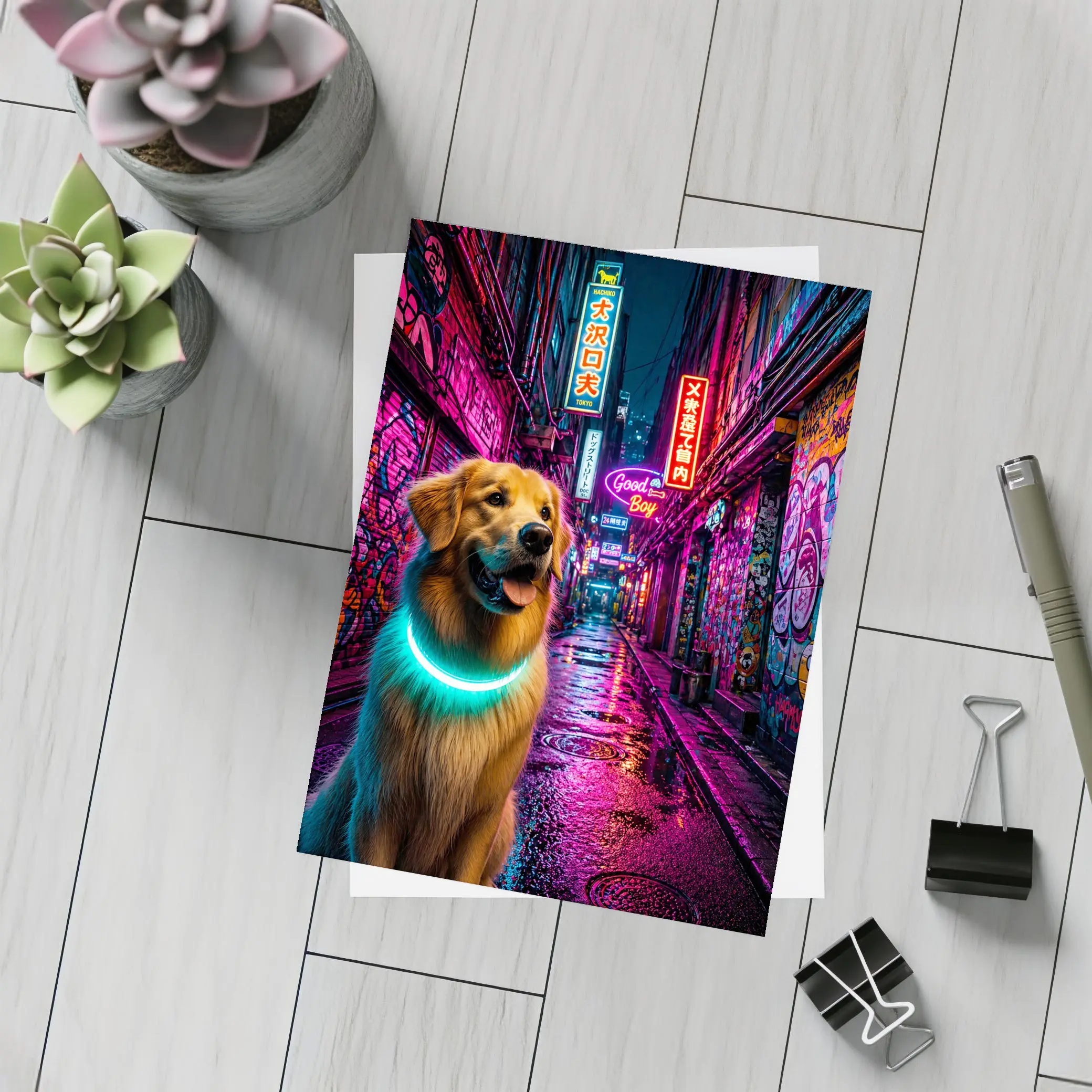 Golden Retriever Glowing Collar Neon City Alley – Postcards