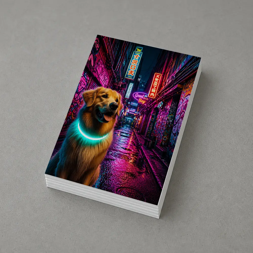 Golden Retriever Glowing Collar Neon City Alley – Postcards
