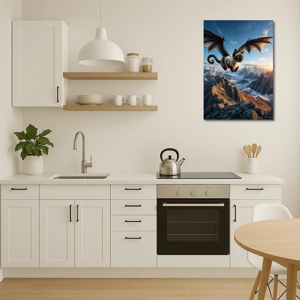 Siamese Cat Dragon Wings Flying Over Mountains – Wall Art