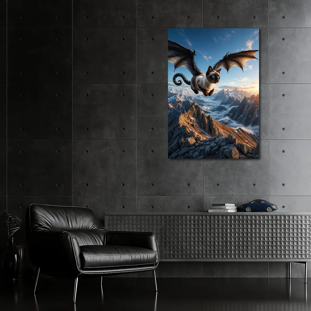 Siamese Cat Dragon Wings Flying Over Mountains – Wall Art