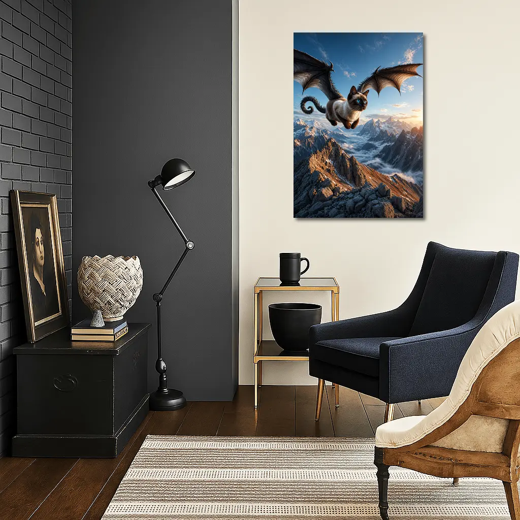 Siamese Cat Dragon Wings Flying Over Mountains – Wall Art