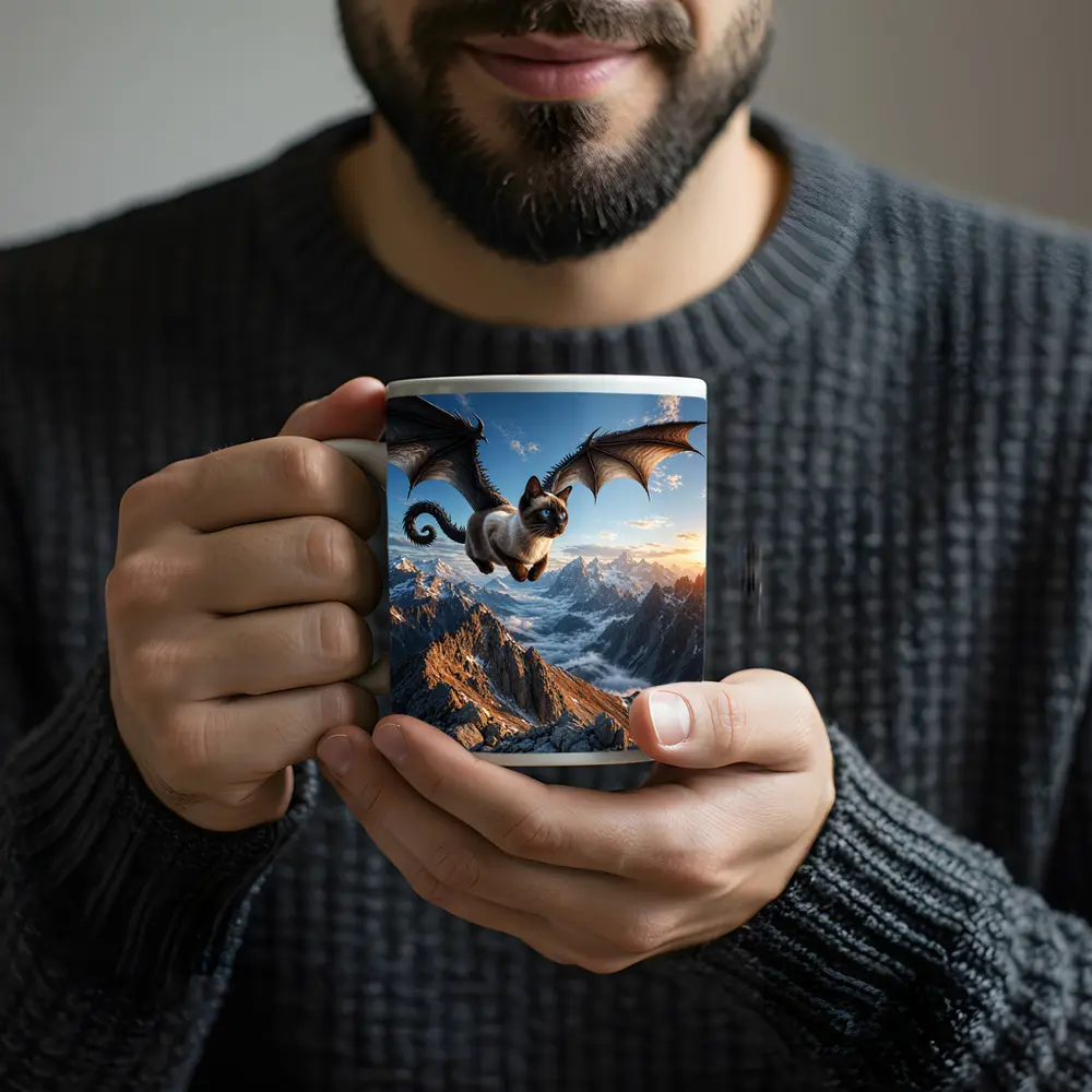 Siamese Cat Dragon Wings Flying Over Mountains – Mugs