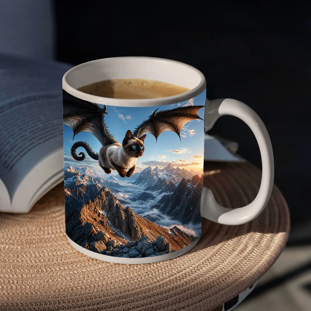 Siamese Cat Dragon Wings Flying Over Mountains – Mugs