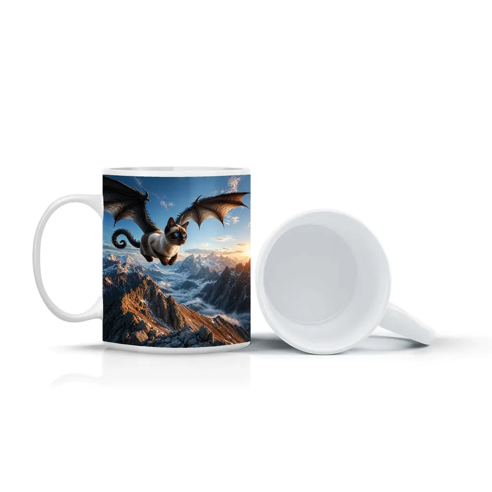 Siamese Cat Dragon Wings Flying Over Mountains – Mugs