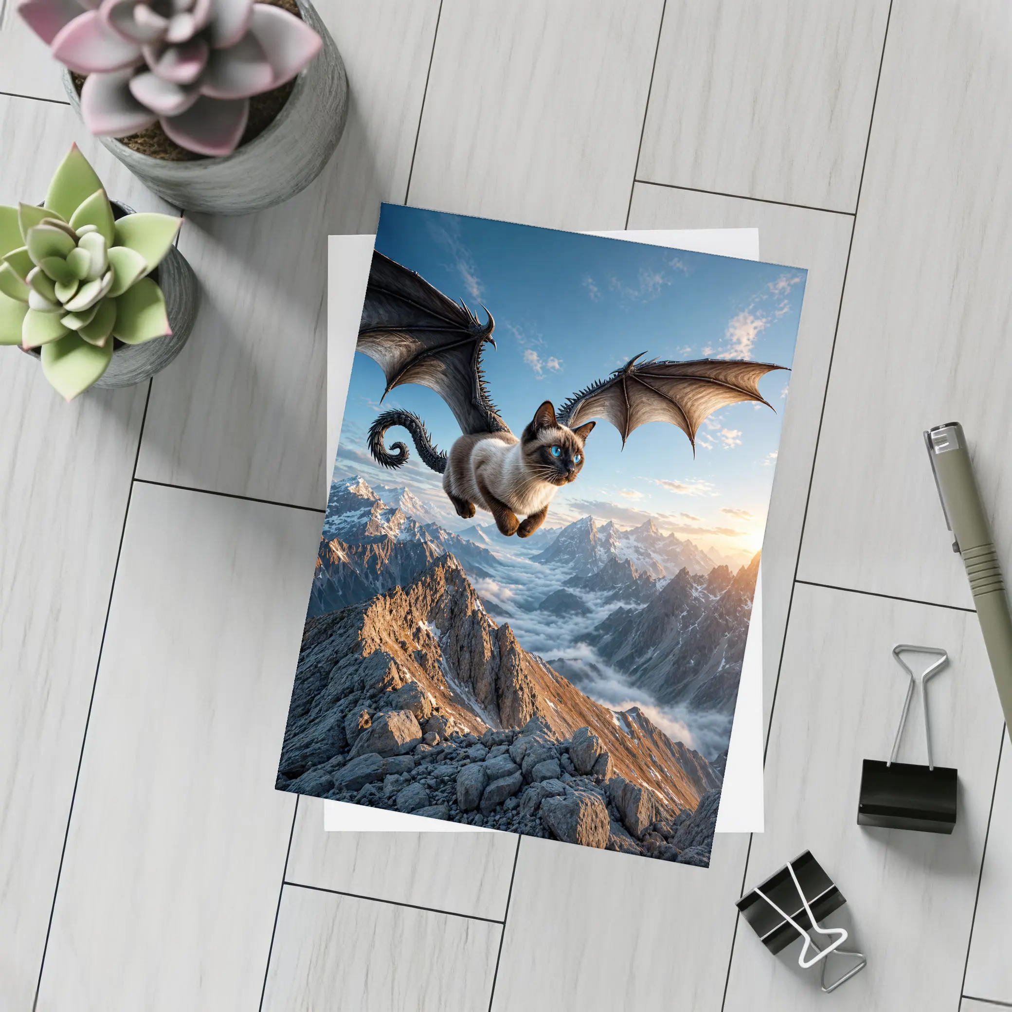 Siamese Cat Dragon Wings Flying Over Mountains – Postcards