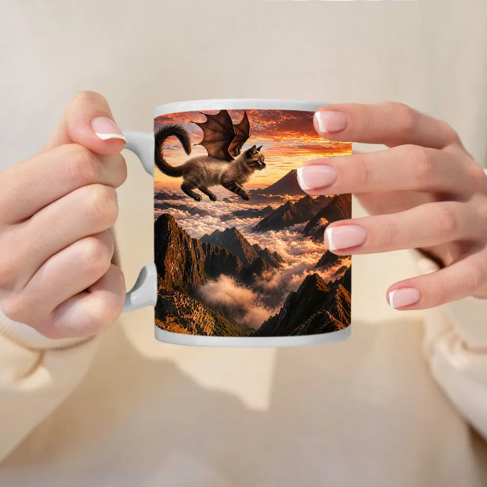Siamese Dragon Cat Flying Over Mountains – Mugs
