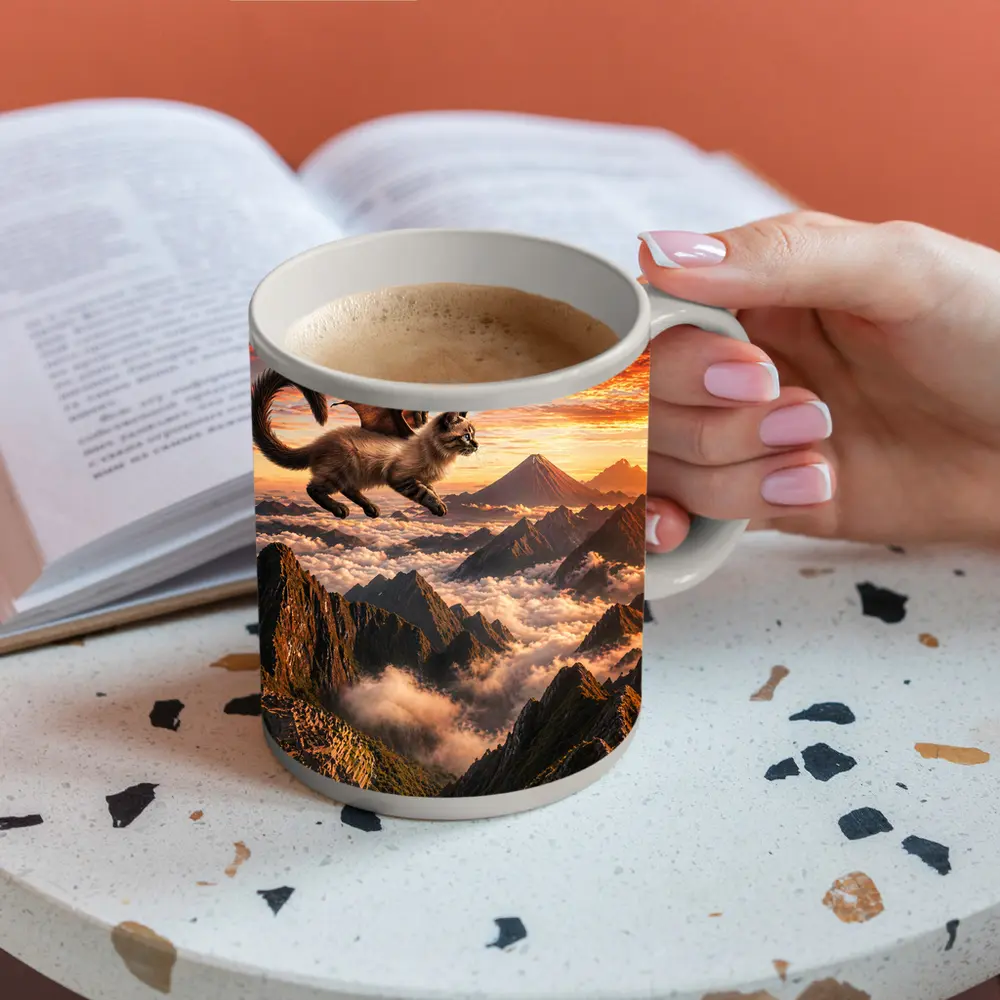 Siamese Dragon Cat Flying Over Mountains – Mugs