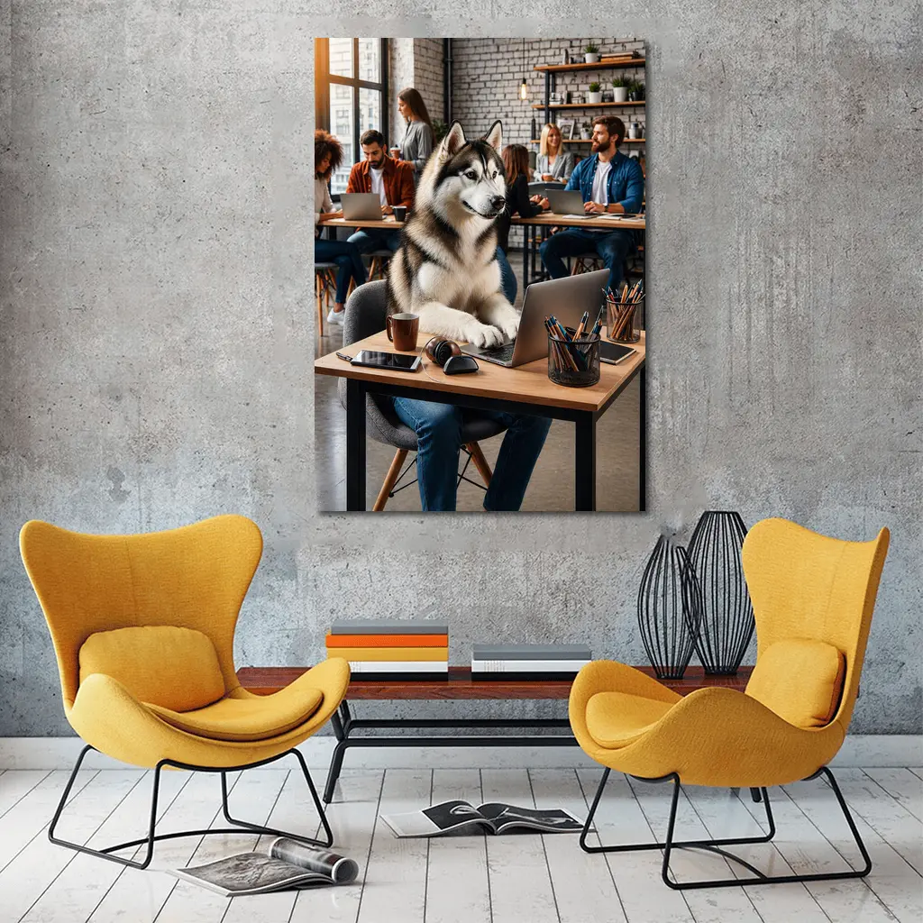 Siberian Husky Working Laptop Coworking Office – Wall Art