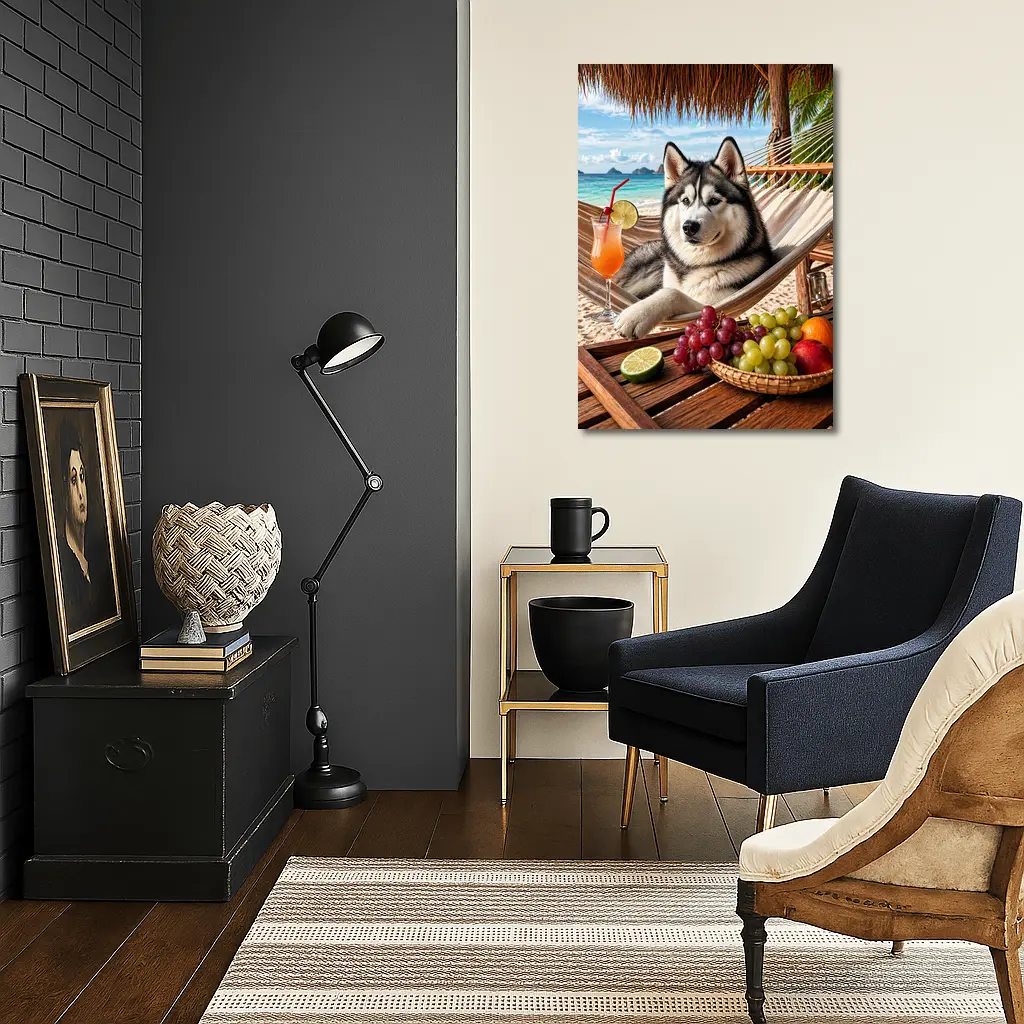 Siberian Husky Relaxing on Beach Hammock – Wall Art