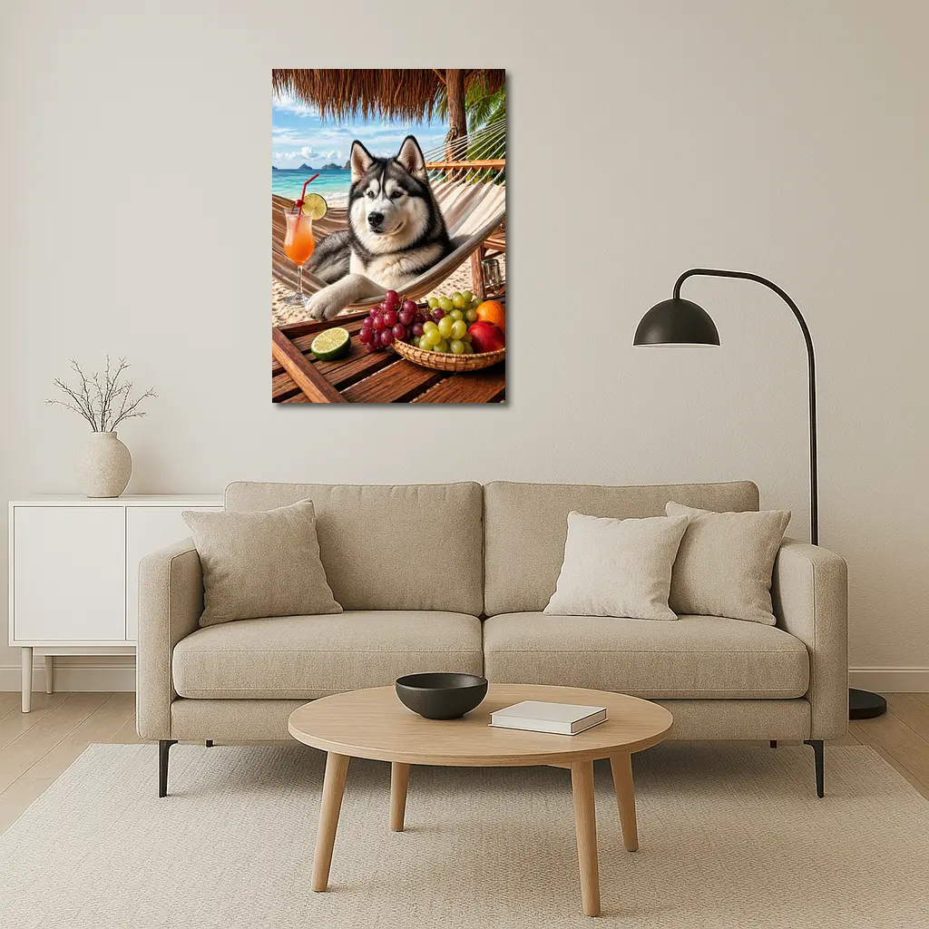 Siberian Husky Relaxing on Beach Hammock – Wall Art