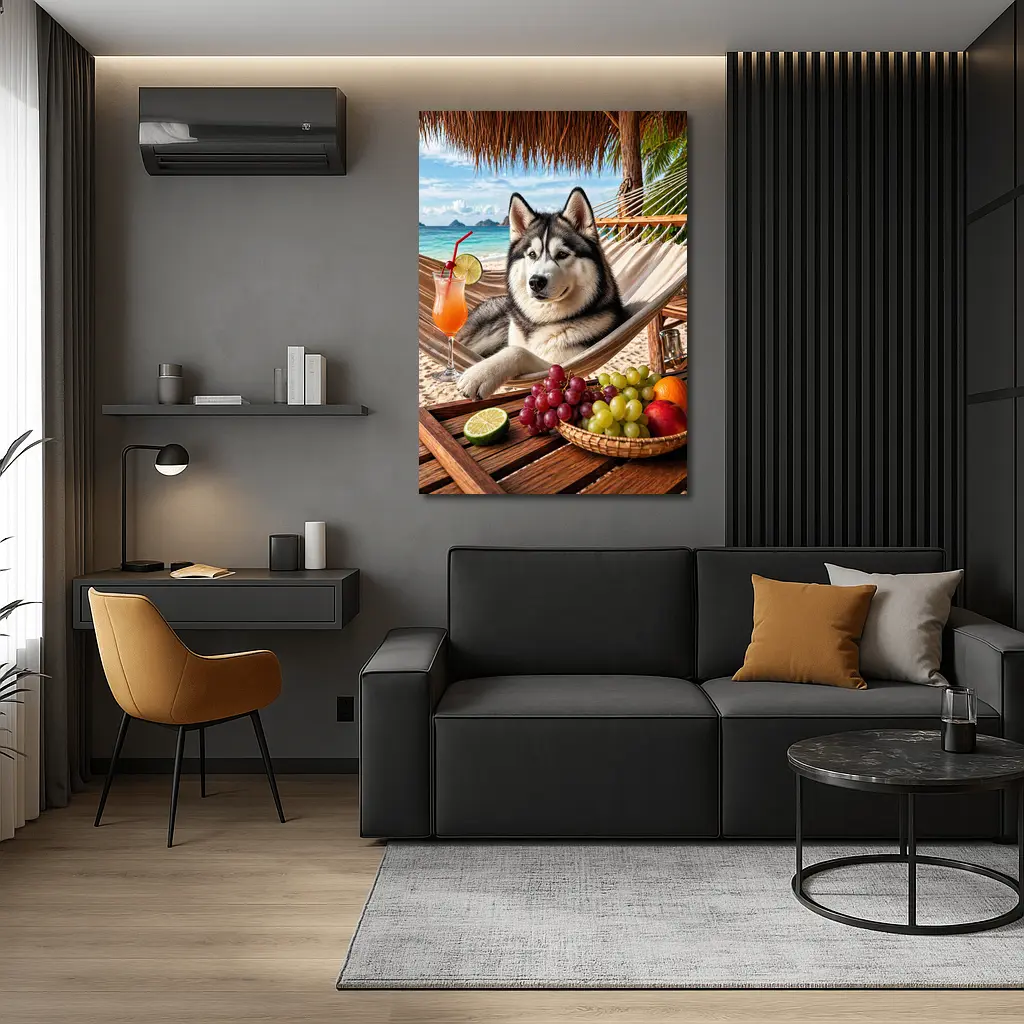 Siberian Husky Relaxing on Beach Hammock – Wall Art