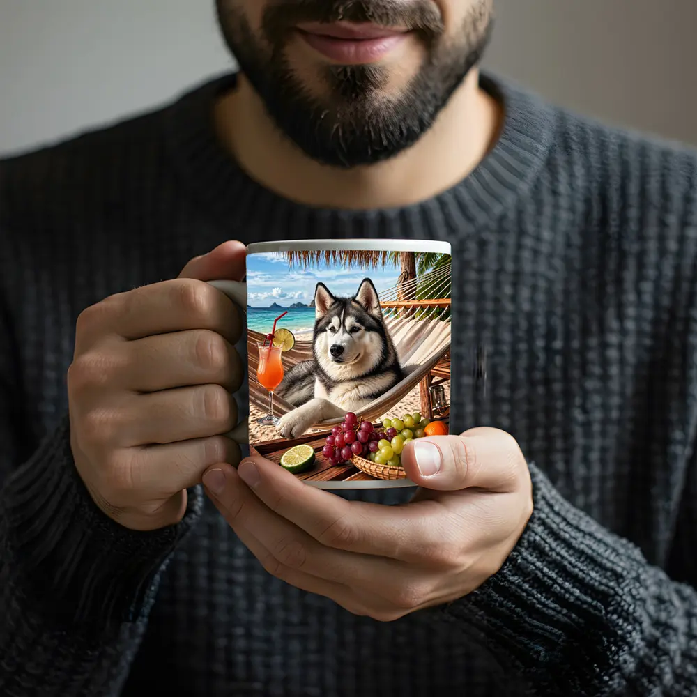 Siberian Husky Relaxing on Beach Hammock – Mugs