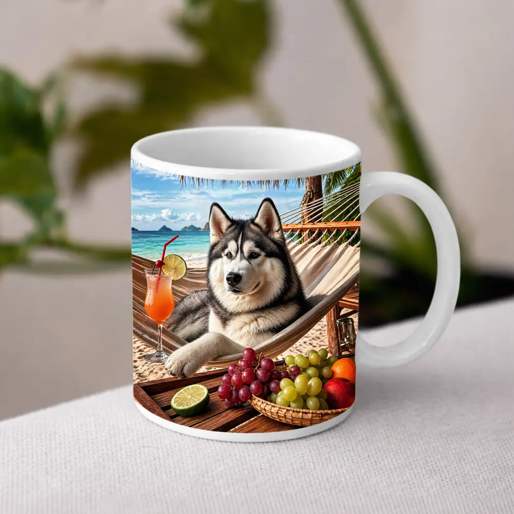 Siberian Husky Relaxing on Beach Hammock – Mugs