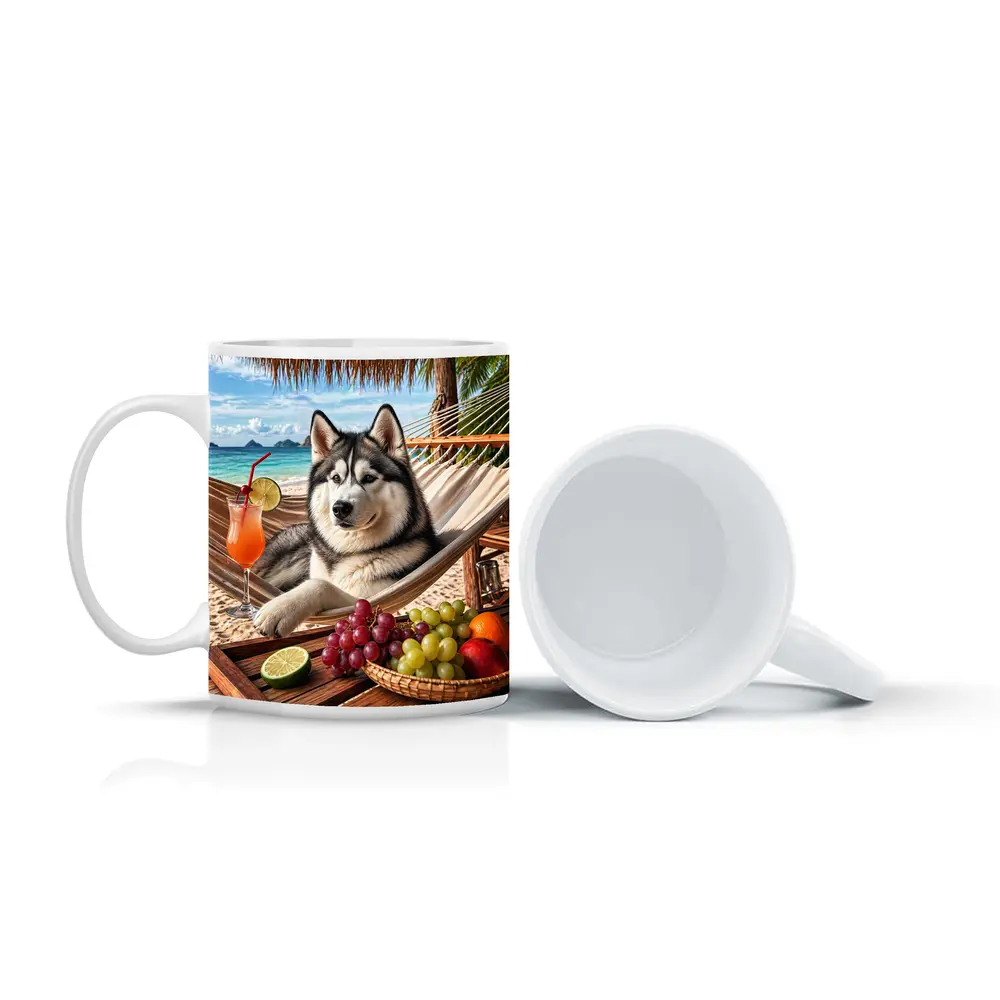 Siberian Husky Relaxing on Beach Hammock – Mugs
