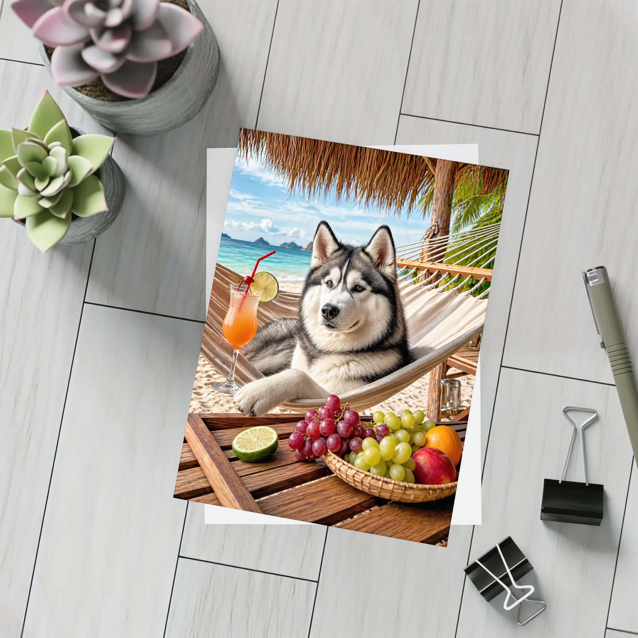 Siberian Husky Relaxing on Beach Hammock – Postcards