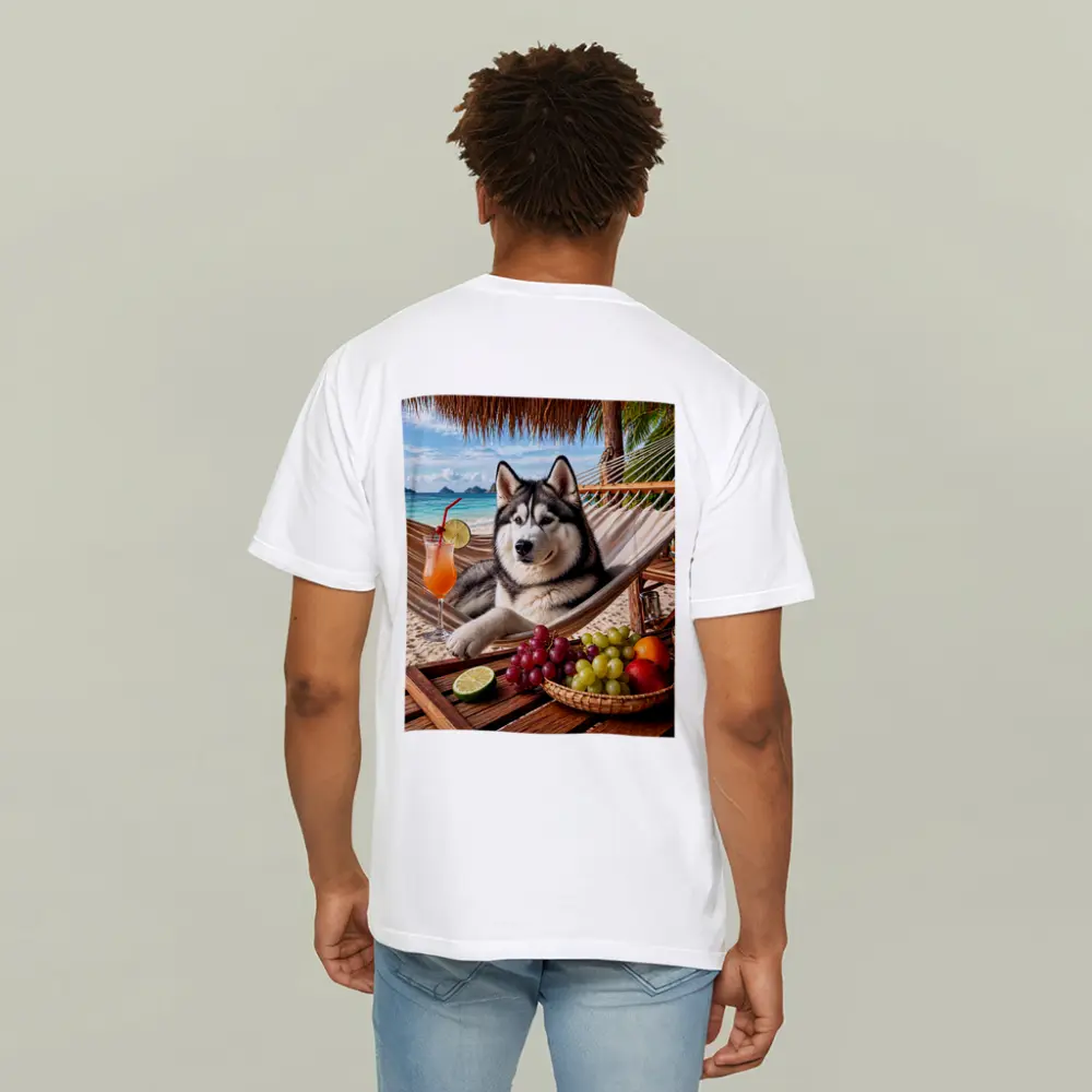 Siberian Husky Relaxing on Beach Hammock – T-Shirts