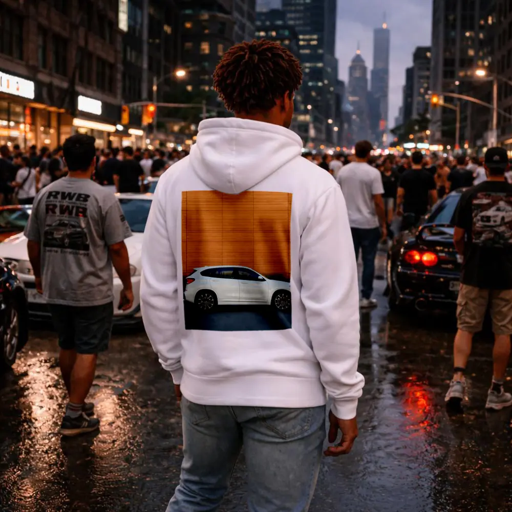 BMW X1 White Side View Orange Wall – Hoodies