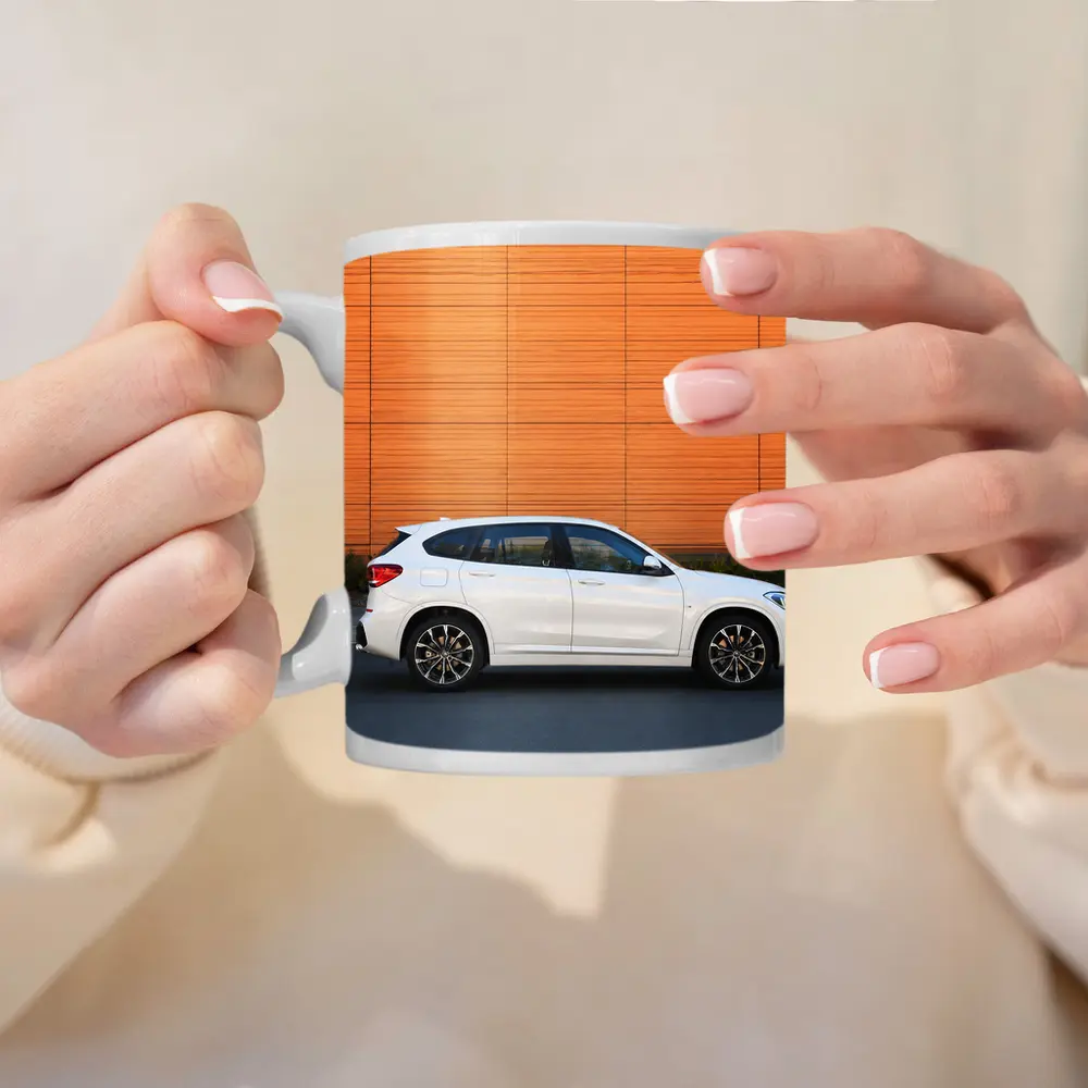 BMW X1 White Side View Orange Wall – Mugs