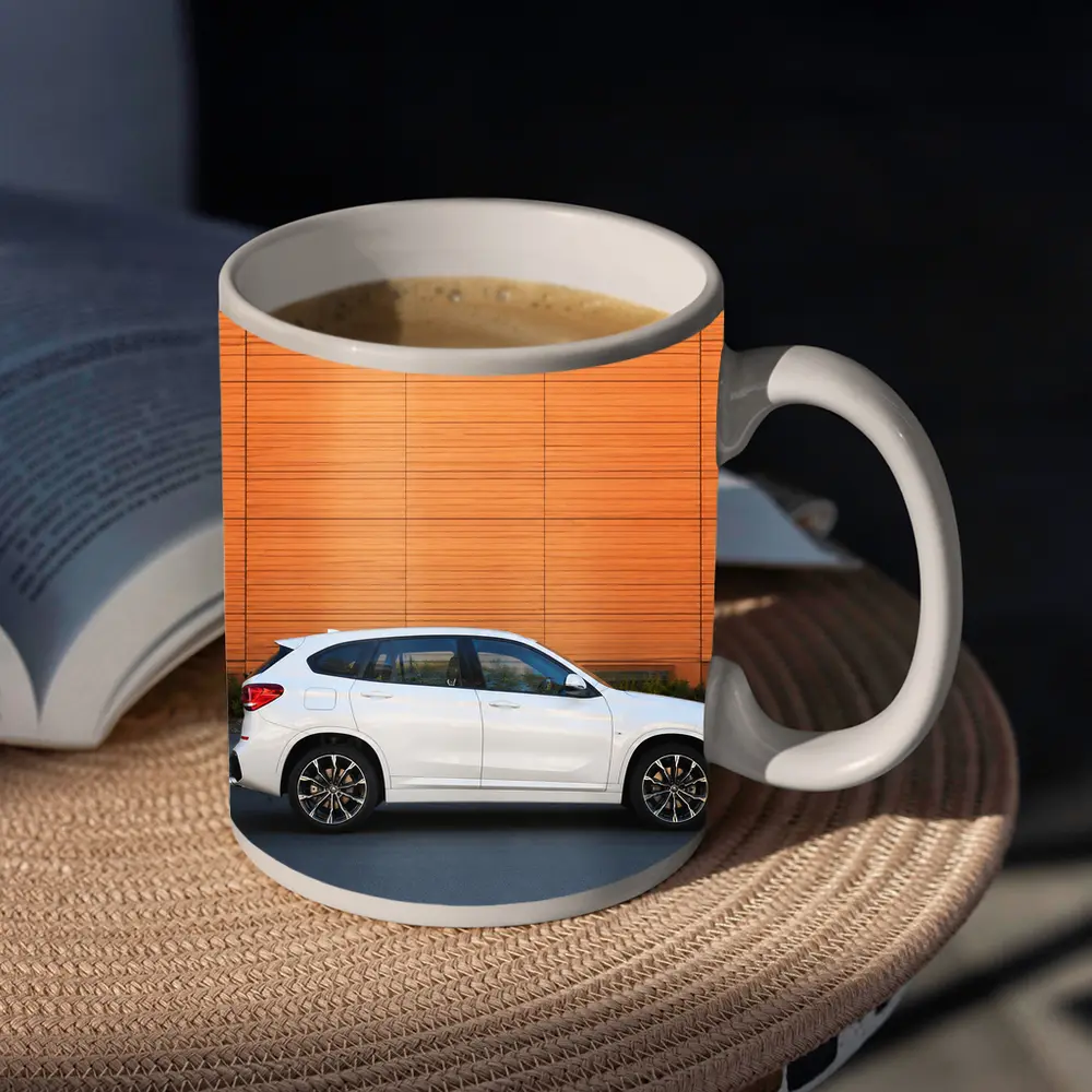 BMW X1 White Side View Orange Wall – Mugs