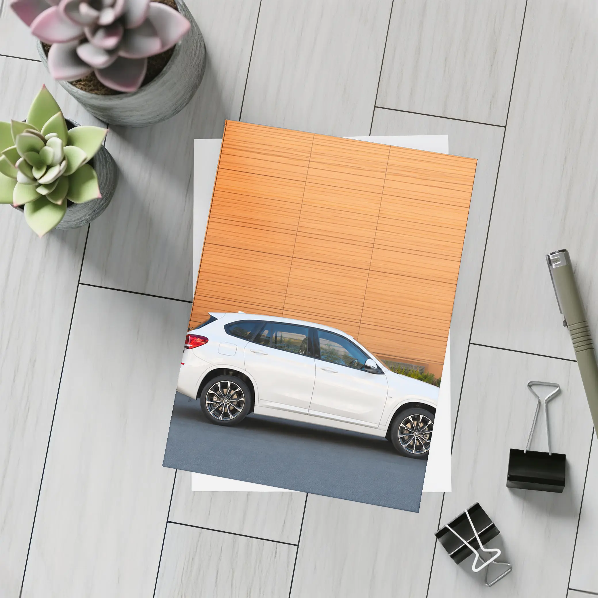 BMW X1 White Side View Orange Wall – Postcards