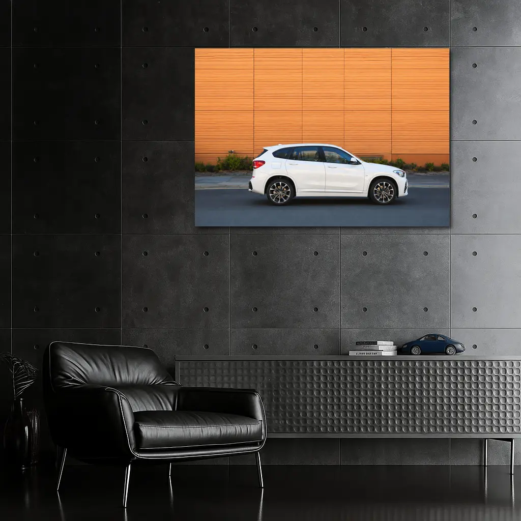 BMW X1 White Side View Orange Wall – Wall Art