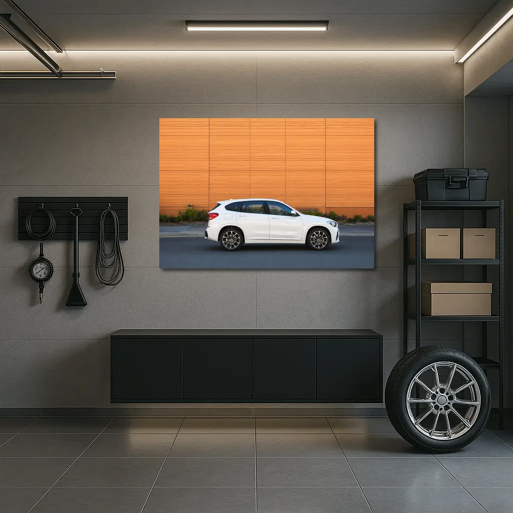 BMW X1 White Side View Orange Wall – Wall Art