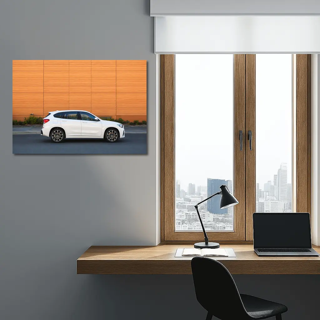 BMW X1 White Side View Orange Wall – Wall Art