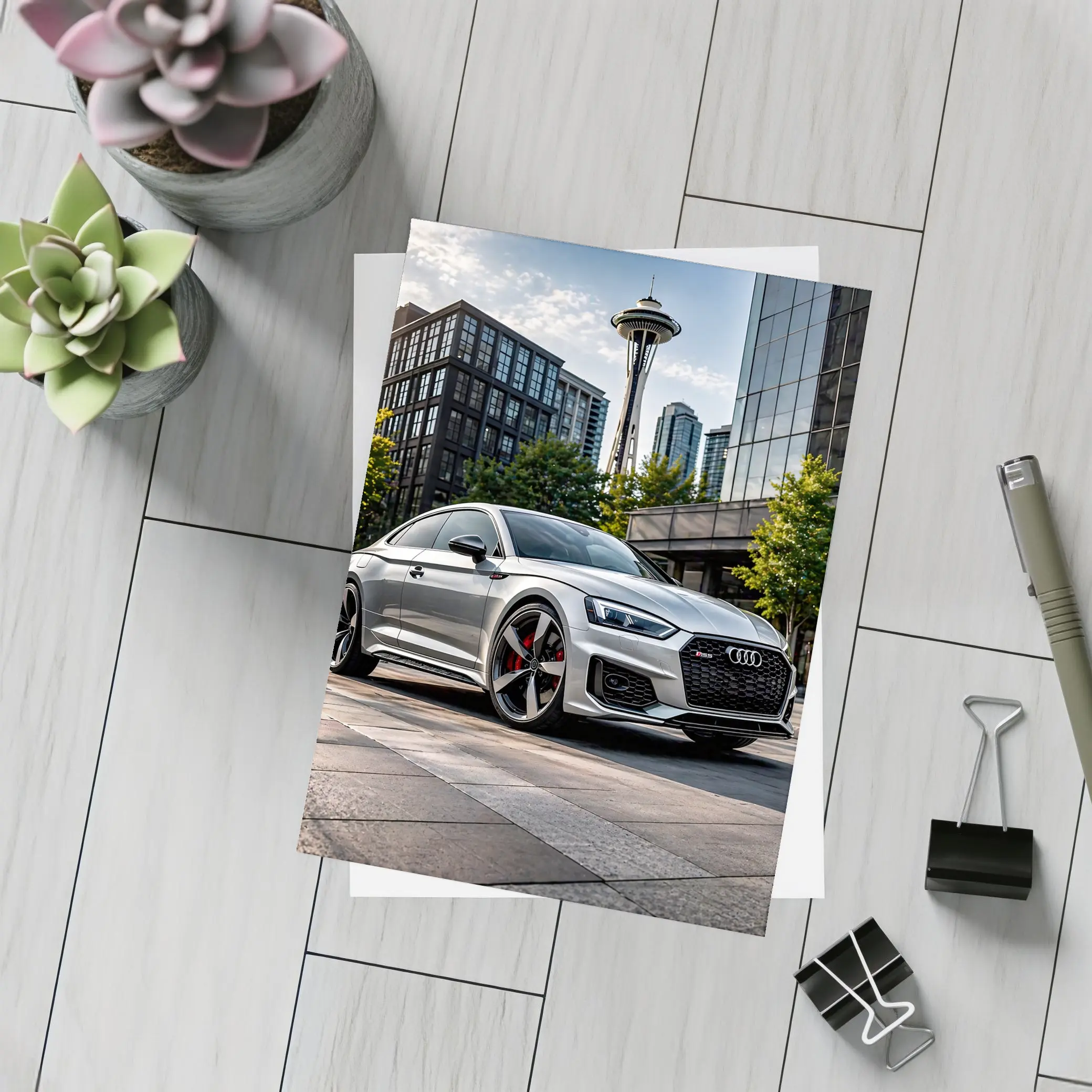 Audi RS5 Silver Coupe Seattle Space Needle – Postcards