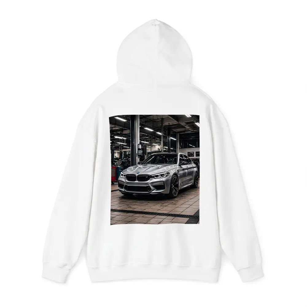 Silver BMW M5 Inside Auto Service Bay – Hoodies