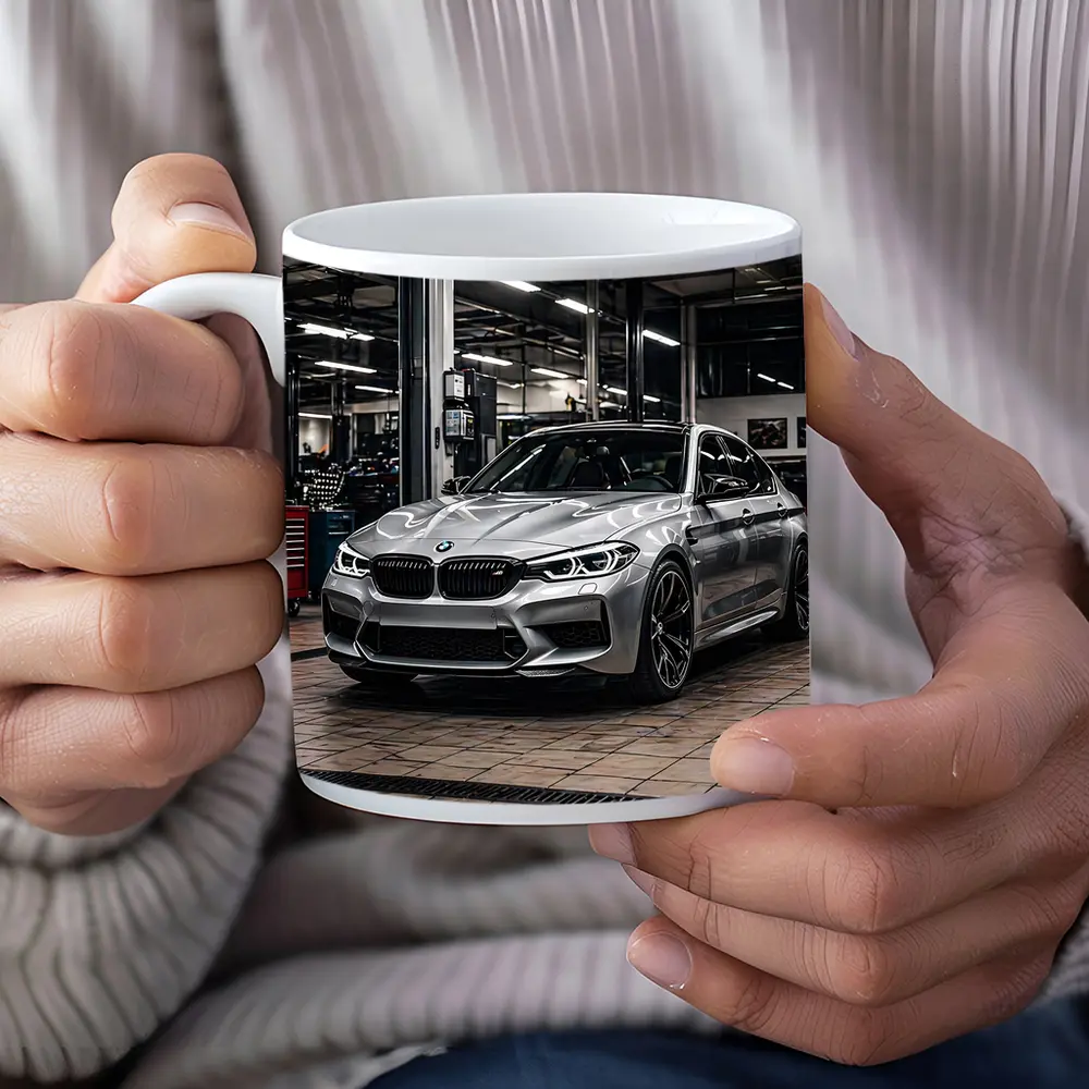 Silver BMW M5 Inside Auto Service Bay – Mugs