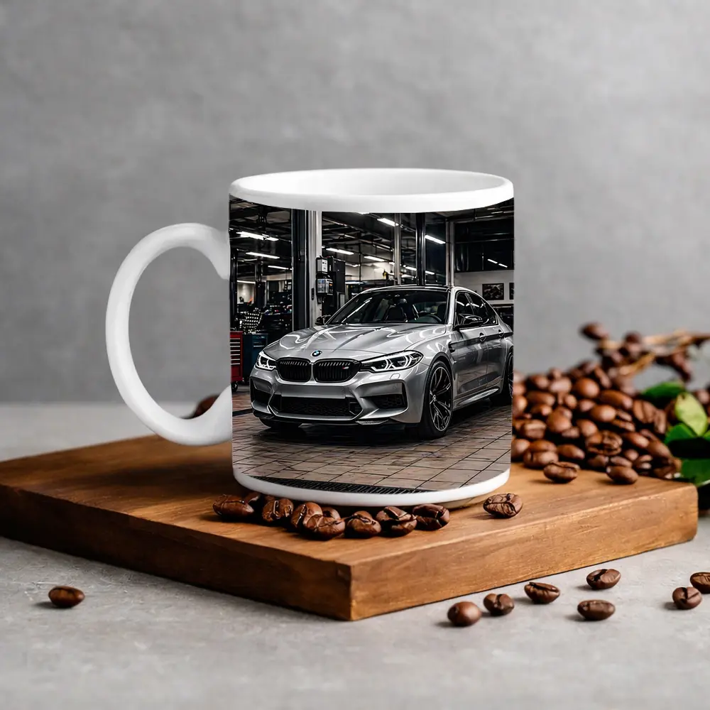 Silver BMW M5 Inside Auto Service Bay – Mugs