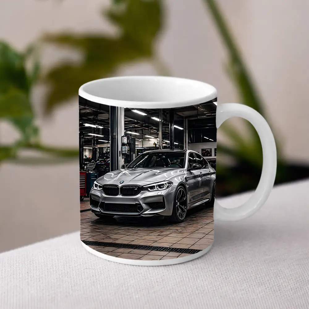 Silver BMW M5 Inside Auto Service Bay – Mugs