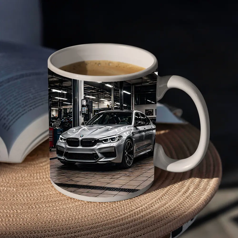 Silver BMW M5 Inside Auto Service Bay – Mugs